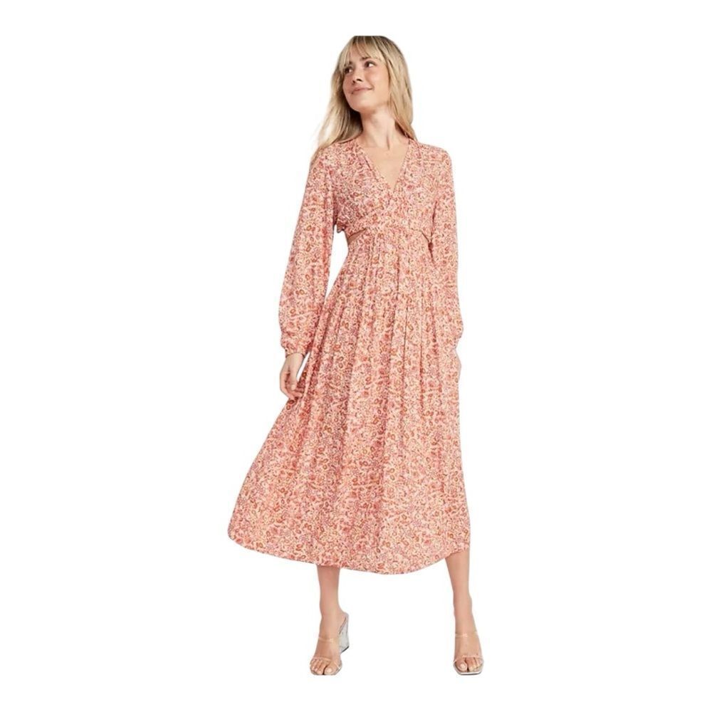 Old Navy Waist-Defined Orange Red Crepe Side-Cutout Floral‎ Maxi Dress Large